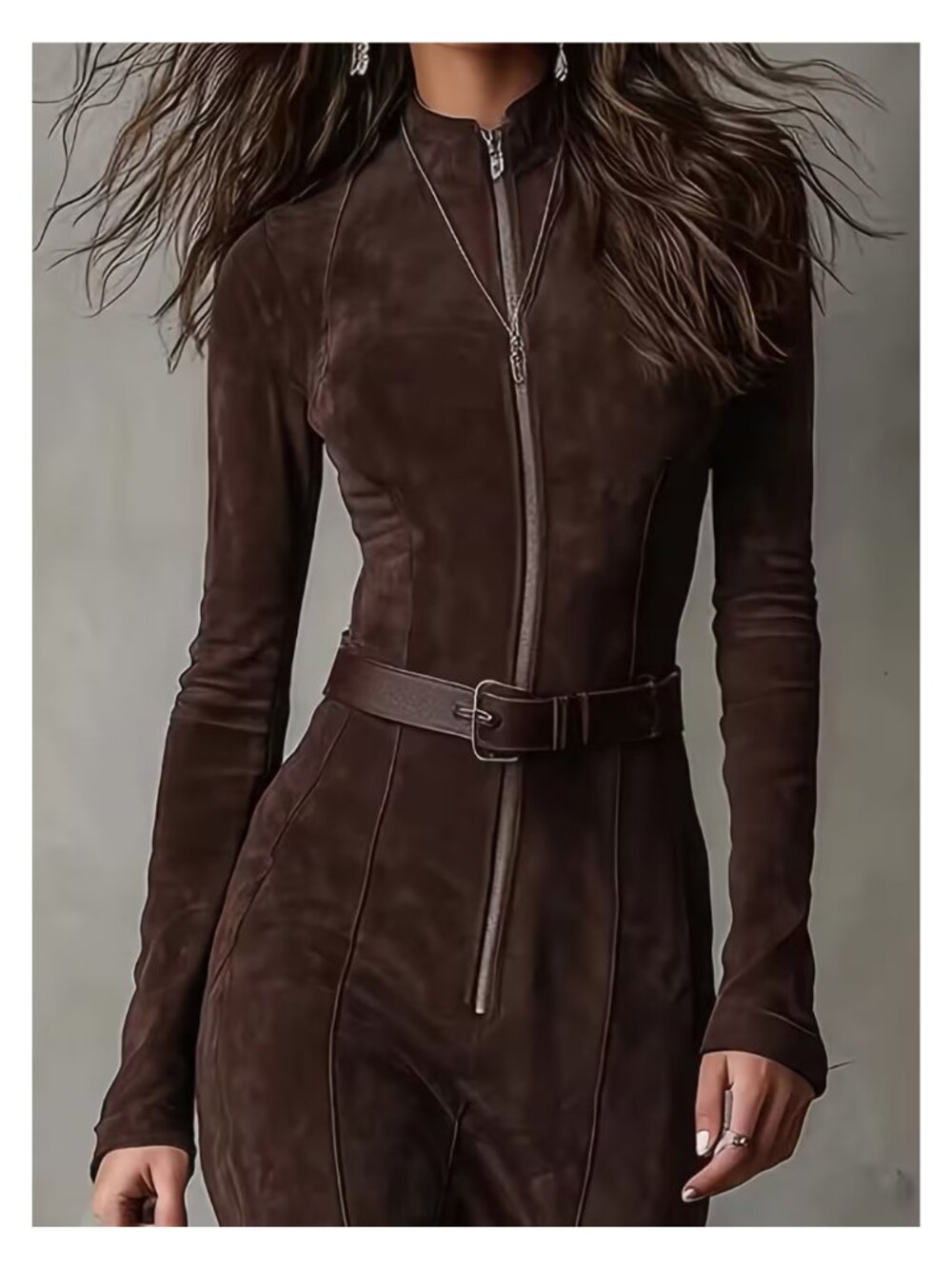 NWT Suede Zipper Front Slit Bodycon Maxi Dress Brown 14 - Picture 2 of 8